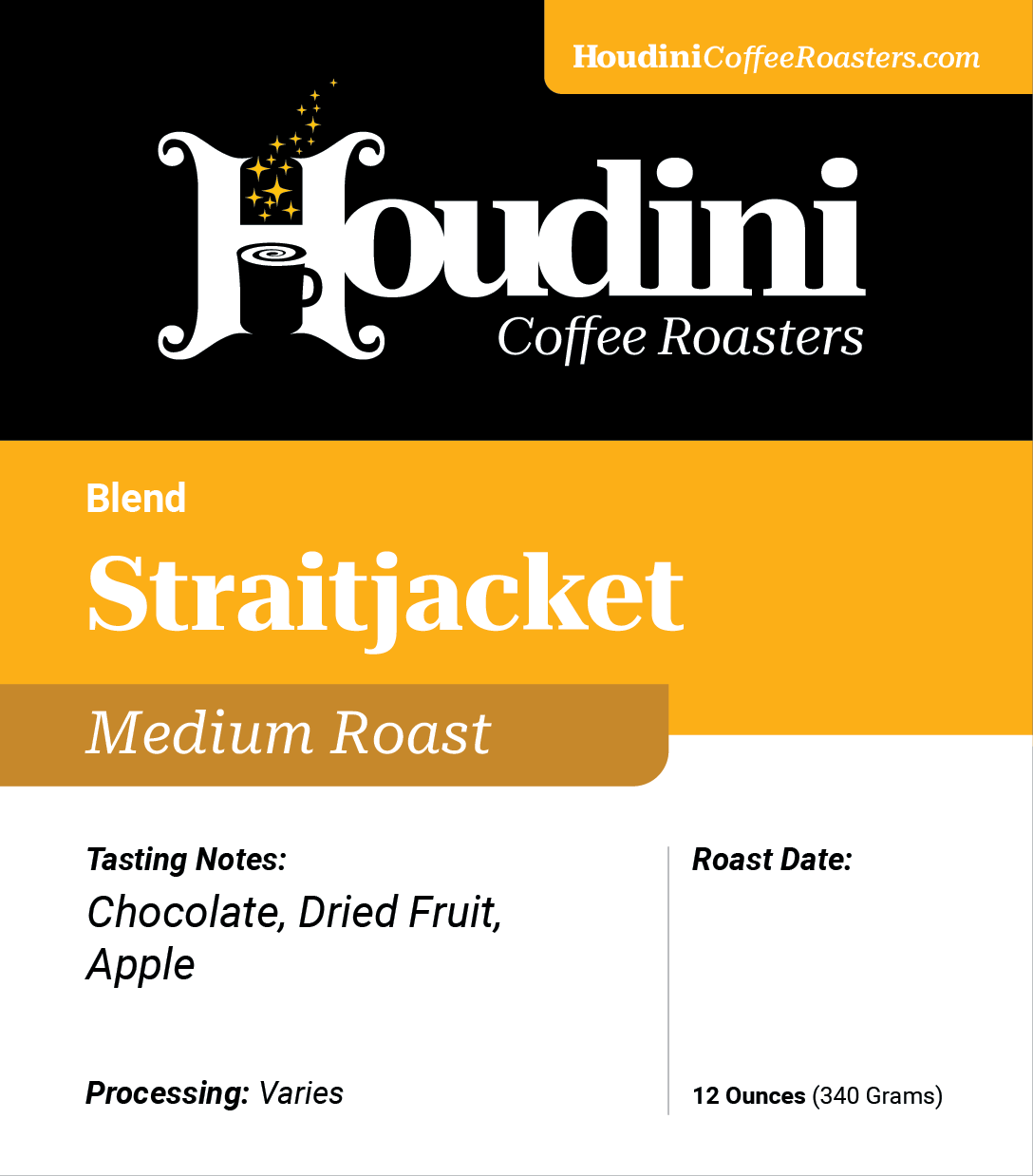 Straitjacket retail label artwork listing chocolate, dried fruit, and apple tasting notes