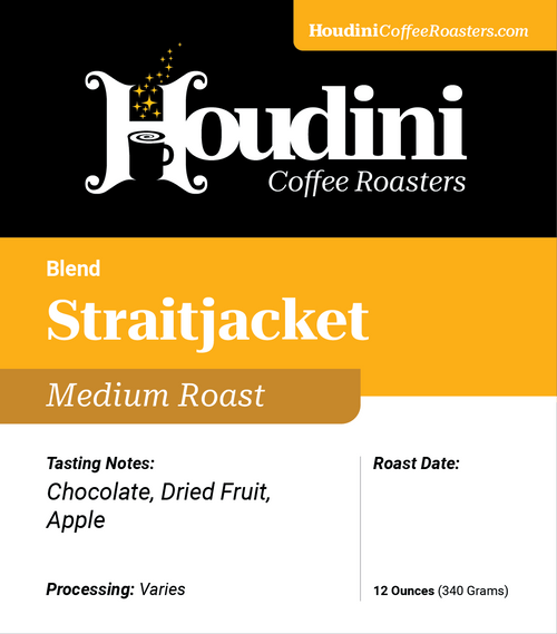 Straitjacket retail label artwork listing chocolate, dried fruit, and apple tasting notes