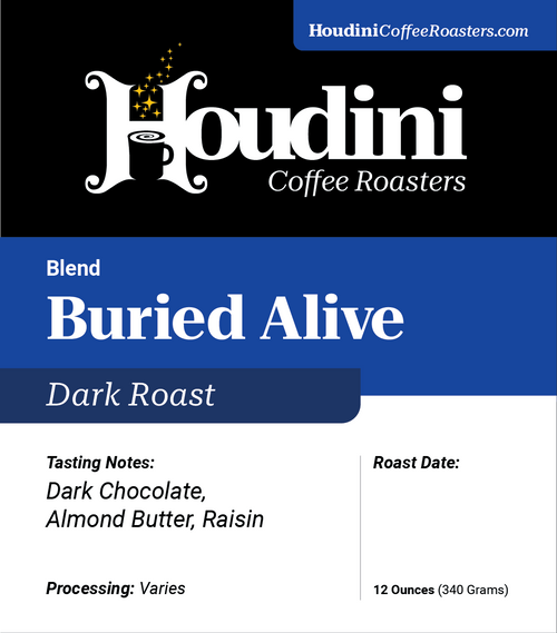 Buried Alive retail label artwork listing dark chocolate, almond butter, and raisin tasting notes