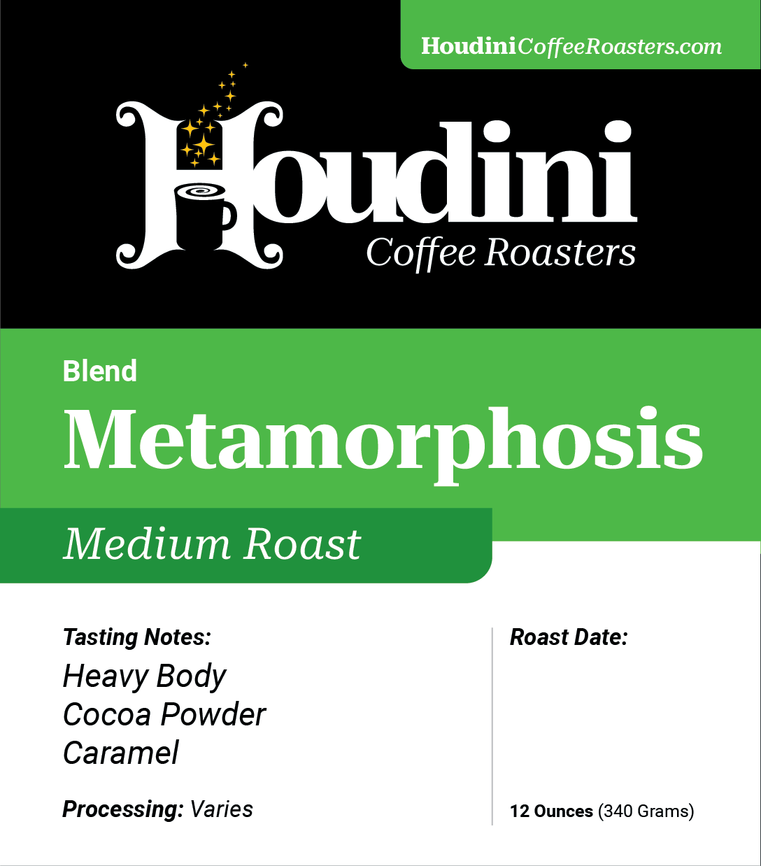 Metamorphosis retail label artwork listing cocoa powder and caramel tasting notes